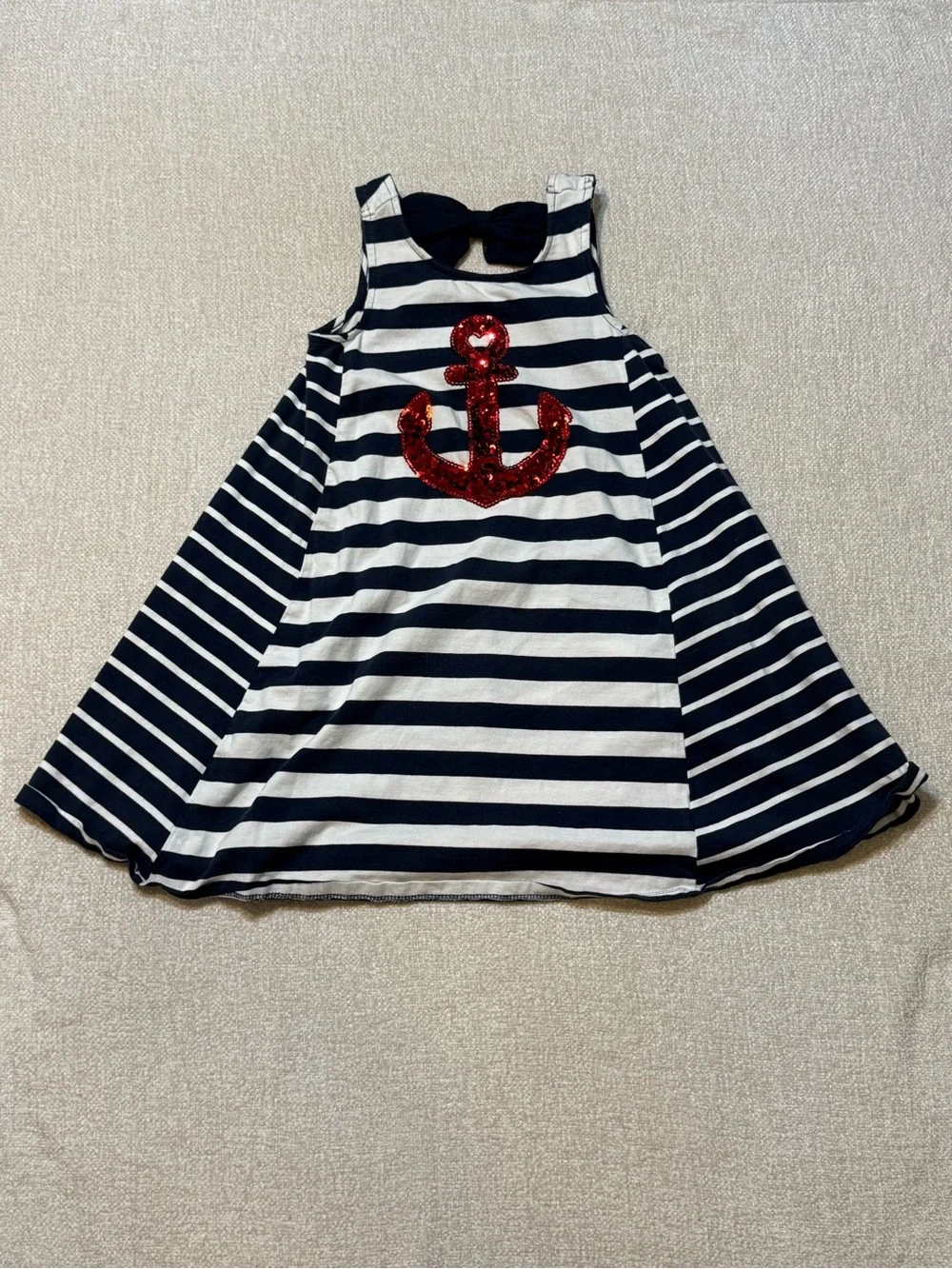 Tommy Bahama Girls M 7/8 Nautical Striped Sequin Anchor Bow Dress Coastal